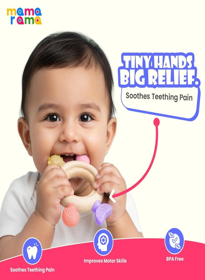 Mamarama Silicone & Wood Baby Teether - BPA-Free Teething Toy for 3+ Months, Soft Chewable Teether for Babies 6-12 Months, Natural Neem Wooden & Silicone Rattle Sucker for Gum & Teeth Relief (Color: Light) - Image 2