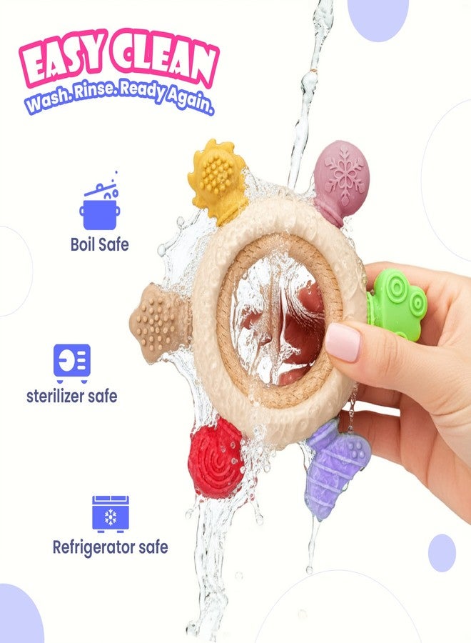 Mamarama Silicone & Wood Baby Teether - BPA-Free Teething Toy for 3+ Months, Soft Chewable Teether for Babies 6-12 Months, Natural Neem Wooden & Silicone Rattle Sucker for Gum & Teeth Relief (Color: Light) - Image 5
