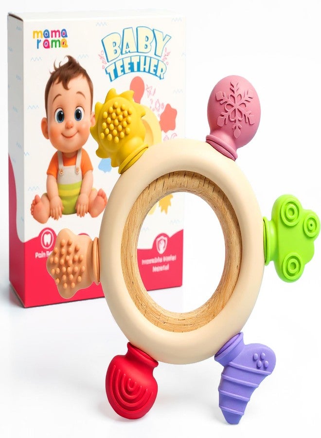 Mamarama Silicone & Wood Baby Teether - BPA-Free Teething Toy for 3+ Months, Soft Chewable Teether for Babies 6-12 Months, Natural Neem Wooden & Silicone Rattle Sucker for Gum & Teeth Relief (Color: Light) - Image 1