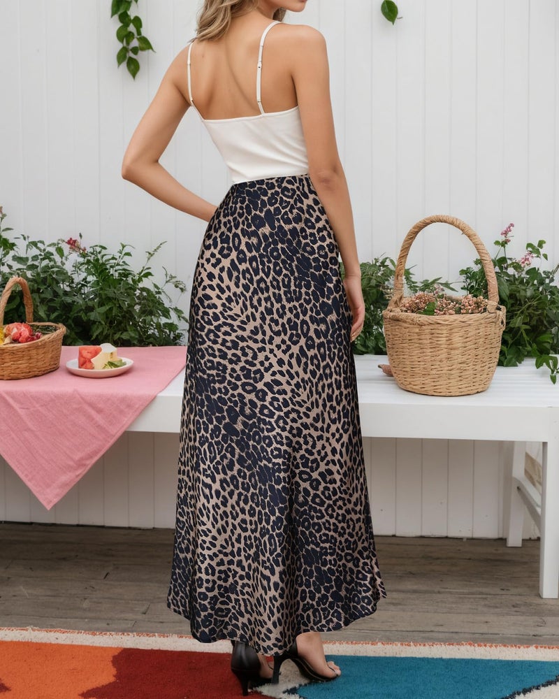 Teddify Women's Satin Maxi Skirt High Waisted Elastic Waistband Silk A-Line Casual Party Leopard Print Long Skirts for Women (Leopard Brown, Medium) - Image 4