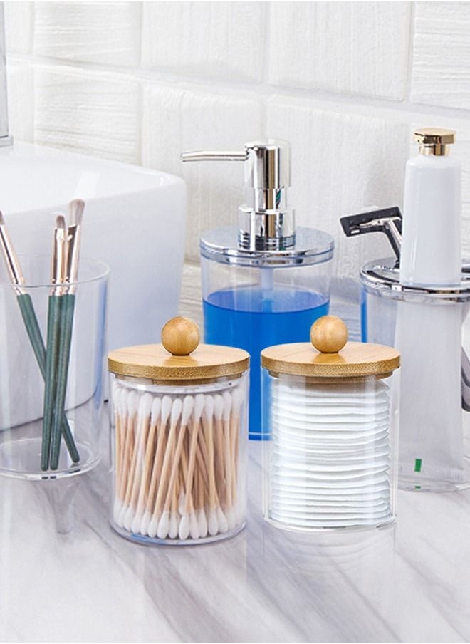 HomarKet 3 Pack Qtip Holder Dispenser with Bamboo Lids - 10 oz Clear Plastic Apothecary Jar Containers for Vanity Makeup Organizer Storage - Bathroom Accessories Set for Cotton Swab, Ball, Pads, Floss  - Image 2