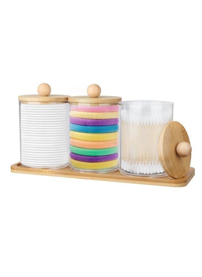 HomarKet 3 Pack Qtip Holder Dispenser with Bamboo Lids - 10 oz Clear Plastic Apothecary Jar Containers for Vanity Makeup Organizer Storage - Bathroom Accessories Set for Cotton Swab, Ball, Pads, Floss  - Image 1