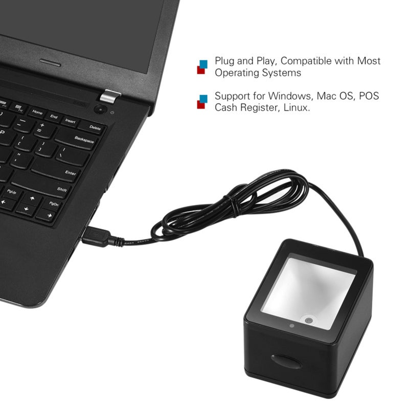 الماسح الضوئي للرموز الشريطية: واجهة USB سوداء تعمل بالتوصيل والتشغيل - تصميم عدسة بزاوية واسعة مع مستشعر صورة CMOS لأتمتة المكاتب، والمعدات الطبية، والتحقق من التذاكر الإلكترونية - Image 2