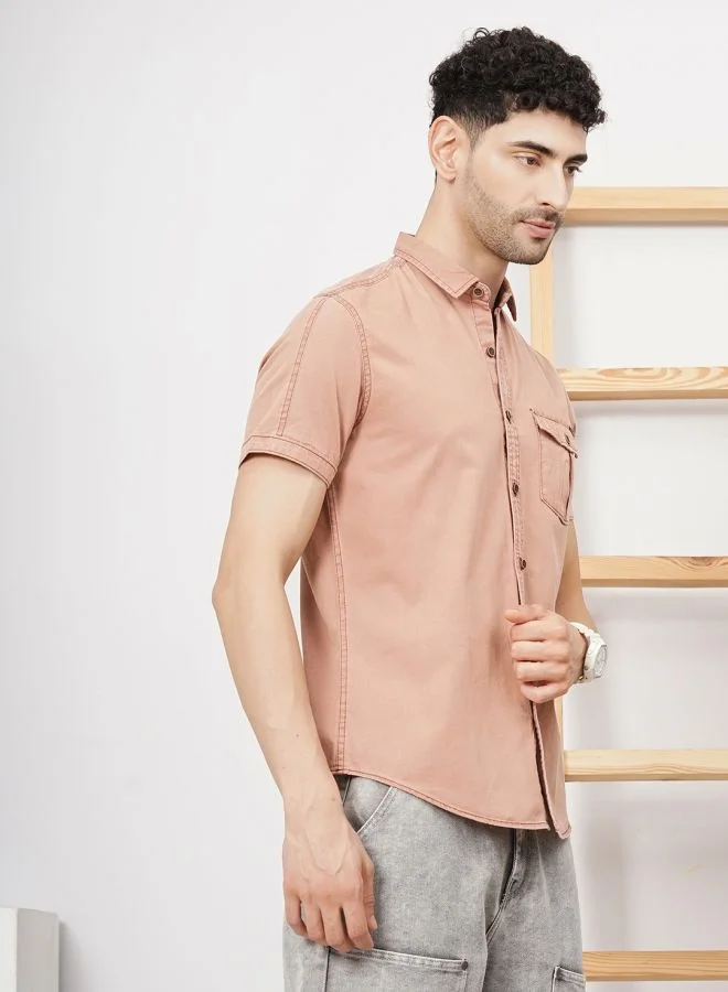 ذا انديان كراج كو Men Slim Fit Solid Half Sleeves Spread Collar Double Flap Pocket Casual Shirt