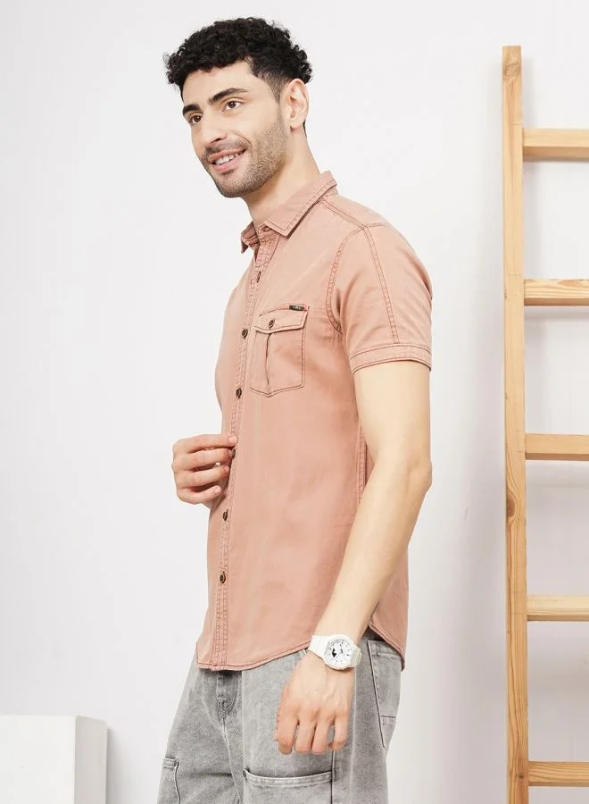 ذا انديان كراج كو Men Slim Fit Solid Half Sleeves Spread Collar Double Flap Pocket Casual Shirt