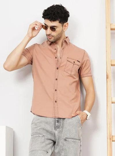The Indian Garage Co Men Slim Fit Solid Half Sleeves Spread Collar Double Flap Pocket Casual Shirt