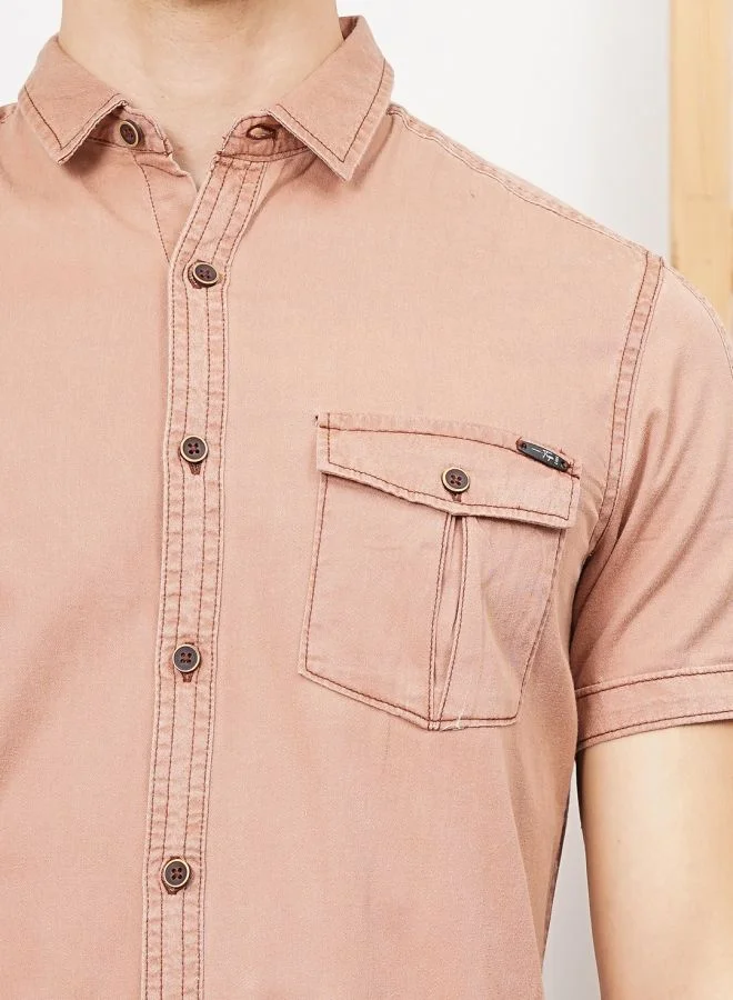 ذا انديان كراج كو Men Slim Fit Solid Half Sleeves Spread Collar Double Flap Pocket Casual Shirt