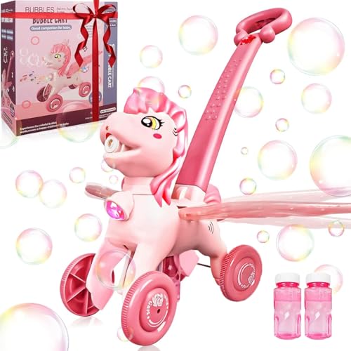 IGINOA Pink Bubble Machine Blower Maker Lawn Mower Walking Toy Christmas Basket Stuffers Outdoor Summer Girls Kids Toddler 1st Birthday Best Gift for 1 2 3 Year Old Unique Cute Valentines Day Unicorn Gifts - Image 1