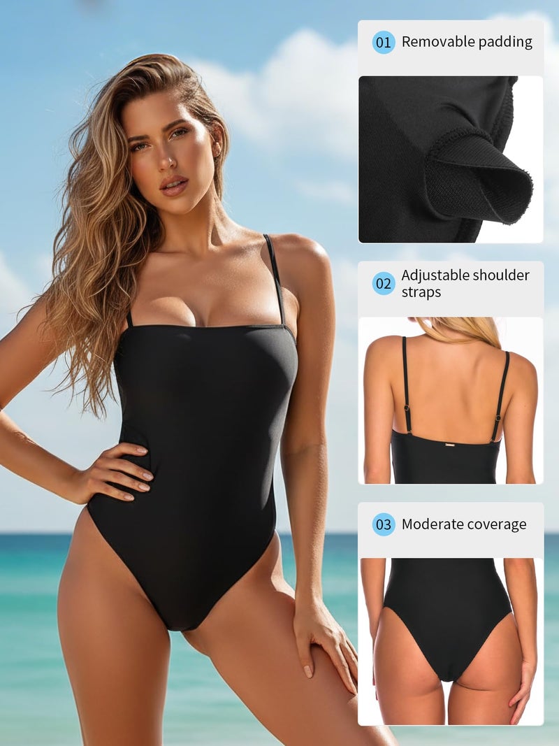 RELLECIGA Women's Black Bathing Suit Adjustable Thin Shoulder Straps Bandeau One Piece Size Medium - Image 5
