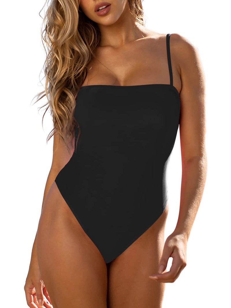 RELLECIGA Women's Black Bathing Suit Adjustable Thin Shoulder Straps Bandeau One Piece Size Medium - Image 1