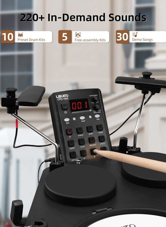 LEKATO CPD-1000 Electronic Drum Set with Quiet Mesh Pads, Portable Electric Drum Set, 220+ Sounds, USB MIDI, 2 Robust Footswitch, Sticks, Travel Bag - Image 3