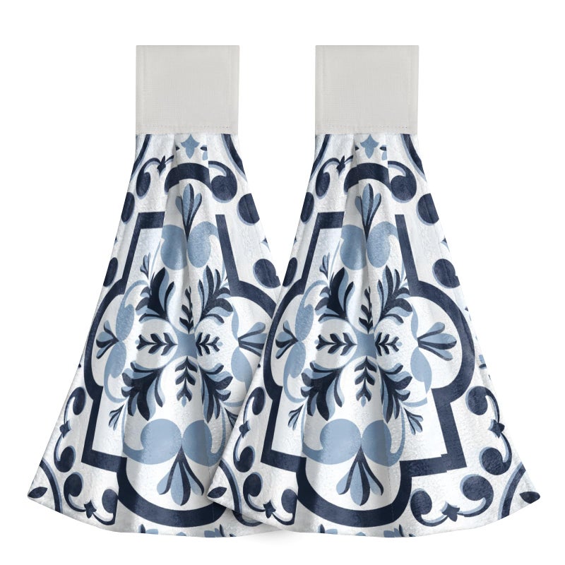 Giwawa Navy Flower Kitchen Hand Towels Modern Boho Hanging Tie Towels Fast Drying Dish Cloth with Loop 2 PCS for Bathroom Restroom Home Decor
