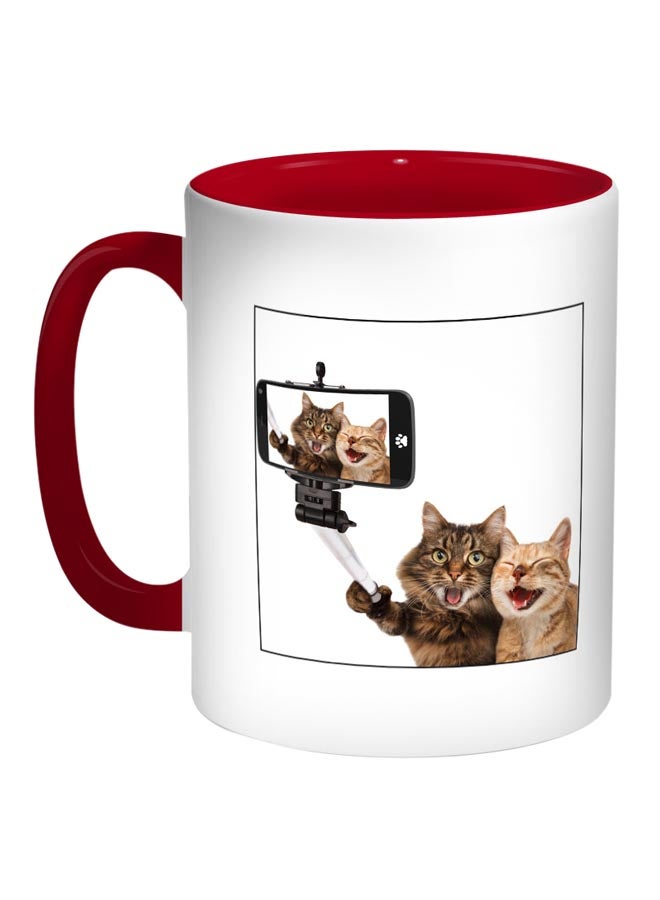 RYN Cat Printed Coffee Mug White/Red/Brown 11ounce