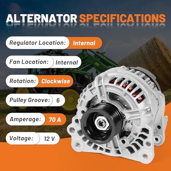 Dilomber RE529377 Tractor Alternator 12V/70A Fits for John Deere Loader Tractor Skid Steer Models 244J 304J 313 315 328 CT315 4120 5065M 6100D Replaces RE509648 0124315030 0124315042 SE501831 AL5057N - Image 2