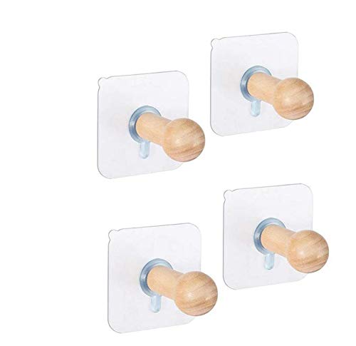 SEMITO Natural Wooden Adhesive HooksSet of 4 Self Adhesive Cloth Hanger Wall Hooks No Drills Cloth Hooks Storage Wall Mounted Cloth Hanging Hook for Cloth Towel Hat Key Original Wood Color - Image 1