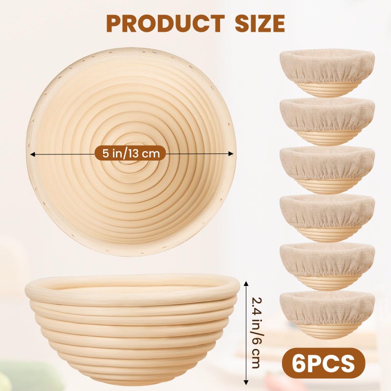 Kikcoin 5 Inch Banneton Bread Proofing Basket Set of 6, Kikcoin Mini Sourdough Bread Baking Supplies, Small Banneton Basket Proofing Baskets for Sourdough Bread Baking - Image 2