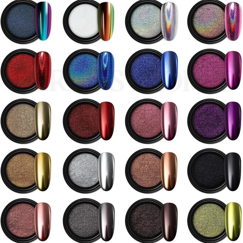 THR3E STROKES Chrome Nail Powder Metallic Mirror Glitter Effect Pigment Iridescent Aurora Mermaid Pearl Dust Kit for Gel Polish Nail Art Decoration Resin Craft Arylic Powder 20 - Image 1
