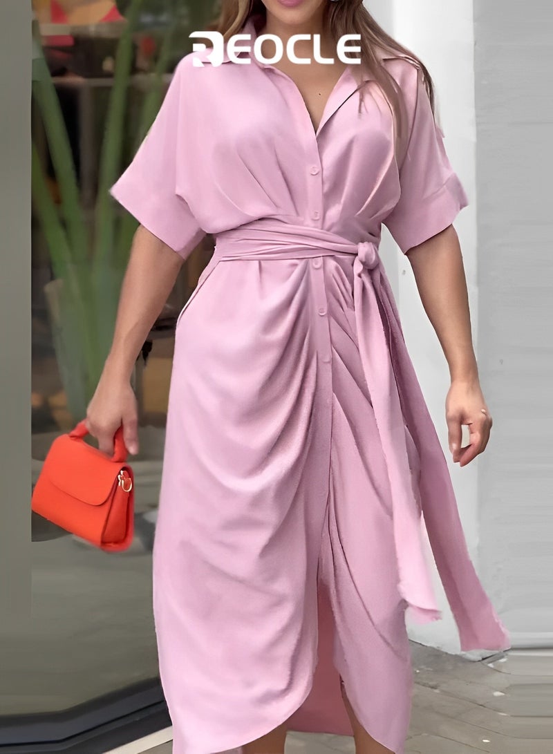 REOCLE Casual High Waist Printed Shirt Skirt Women's Button Pleated Shirt Skirt Elbow Sleeves V Neck Elegant Party Spring Summer Dress - Image 5