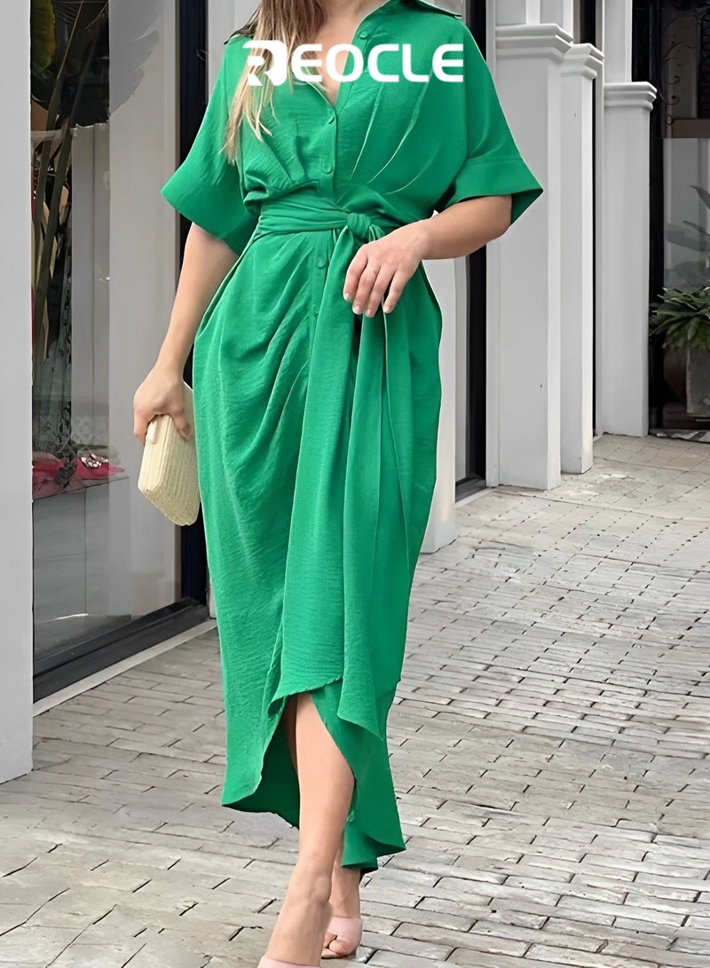 REOCLE Casual High Waist Printed Shirt Skirt Women's Button Pleated Shirt Skirt Elbow Sleeves V Neck Elegant Party Spring Summer Dress - Image 3