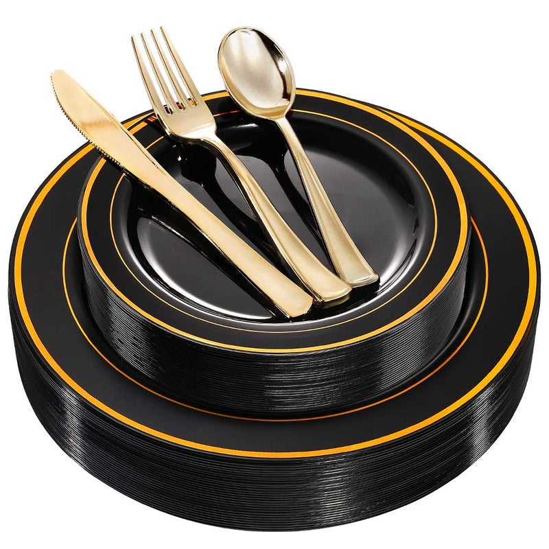 WDF 125Pieces Black Plates Disposable with Gold Rim  Disposable Gold Plastic Silverware  50 Graduation Plates  25 Forks 25 Knives 25 Spoons