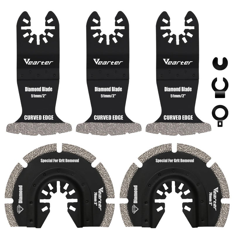 Vearter 5PCS Diamond Oscillating Saw Blades, Universal Multitool Blades for Grit Grout Removal, Quick Release Multi Tool Kit for Tile, Air Brick, Cement, Concrete, Masonry - Image 1