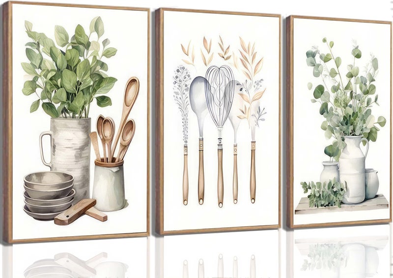 JJX 3 Pcs Sage Green Farmhouse Kitchen Canvas Wall Art Minimalist Dining Room Eucalyptus leaves plant Painting Pictures Wall Decor Poster Print Artwork For Dining Room kitchen Home Decoration Unframed - Image 1