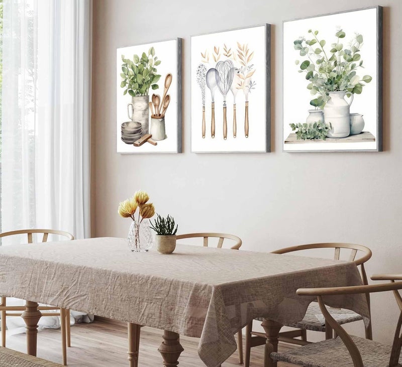 JJX 3 Pcs Sage Green Farmhouse Kitchen Canvas Wall Art Minimalist Dining Room Eucalyptus leaves plant Painting Pictures Wall Decor Poster Print Artwork For Dining Room kitchen Home Decoration Unframed - Image 5