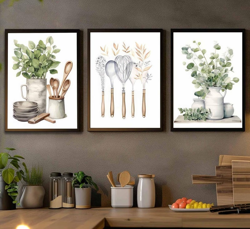 JJX 3 Pcs Sage Green Farmhouse Kitchen Canvas Wall Art Minimalist Dining Room Eucalyptus leaves plant Painting Pictures Wall Decor Poster Print Artwork For Dining Room kitchen Home Decoration Unframed - Image 4