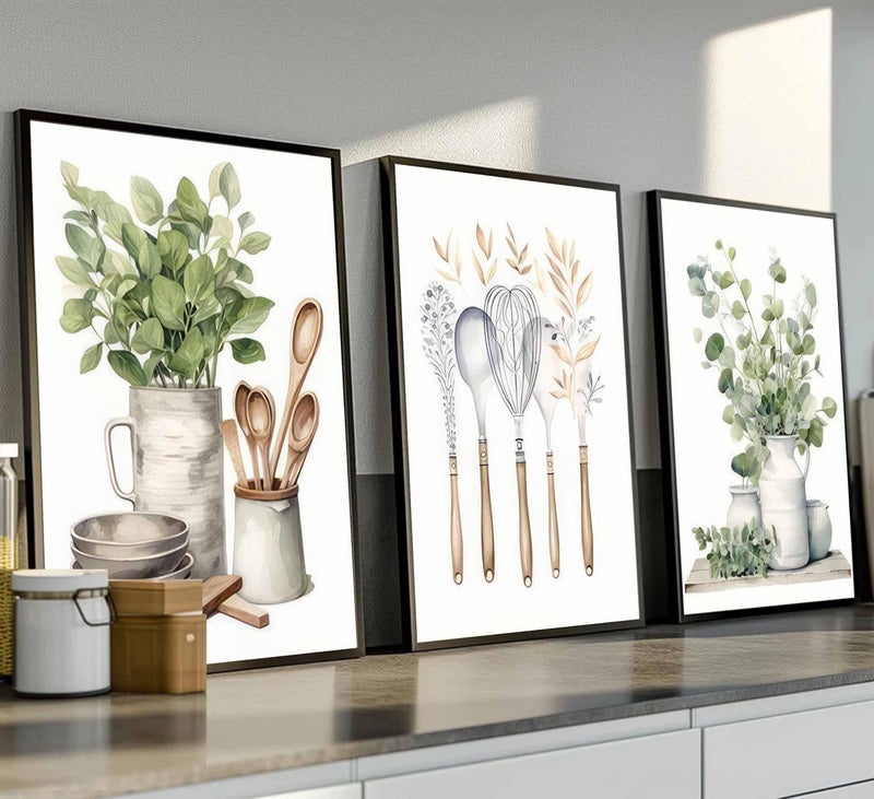 JJX 3 Pcs Sage Green Farmhouse Kitchen Canvas Wall Art Minimalist Dining Room Eucalyptus leaves plant Painting Pictures Wall Decor Poster Print Artwork For Dining Room kitchen Home Decoration Unframed - Image 3