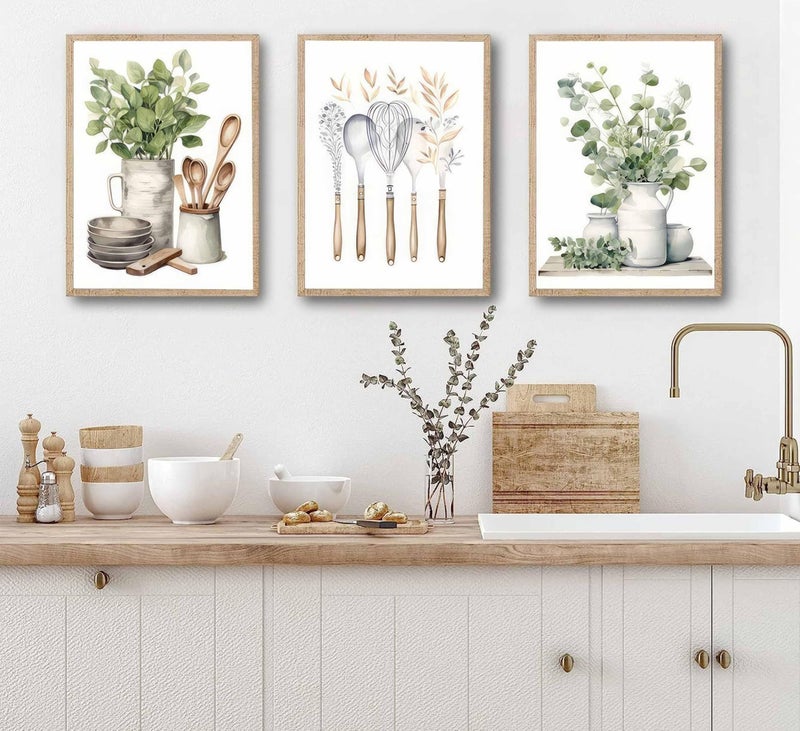 JJX 3 Pcs Sage Green Farmhouse Kitchen Canvas Wall Art Minimalist Dining Room Eucalyptus leaves plant Painting Pictures Wall Decor Poster Print Artwork For Dining Room kitchen Home Decoration Unframed - Image 2