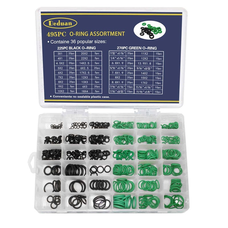 beduan 495pcs Compressor Metric O Rings Kit 36 Sizes Rubber Washer Orings Assortment Set for A/C Professional Plumbing Car Automotive(Black&Green) - Image 1