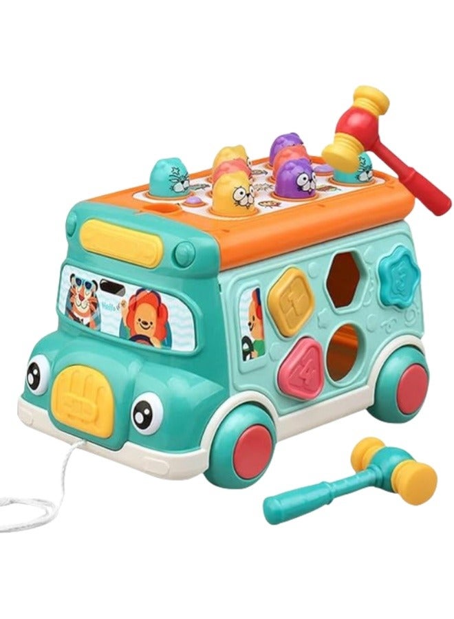 Push Pull Bus Toy, Baby Musical Learning Toys with Sound & Light, Whack-a-Mole Game, Shape Matching, Gear, Toy Clock, Activity Bus Toy Early Education Gift for Toddler Boys Girls - Image 2