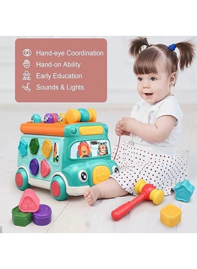 Push Pull Bus Toy, Baby Musical Learning Toys with Sound & Light, Whack-a-Mole Game, Shape Matching, Gear, Toy Clock, Activity Bus Toy Early Education Gift for Toddler Boys Girls - Image 1