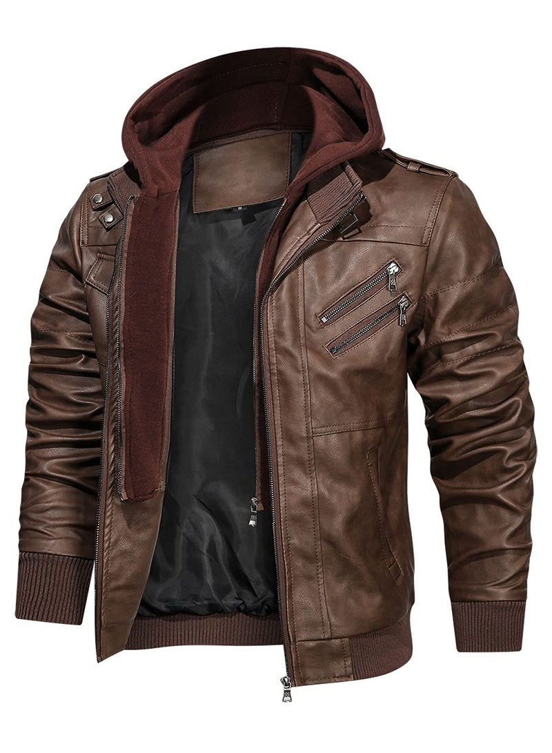 HOOD CREW HOOD CREW Men’s Casual Stand Collar PU Faux Leather Zip-Up Motorcycle Bomber Jacket With a Removable Hood - Image 2