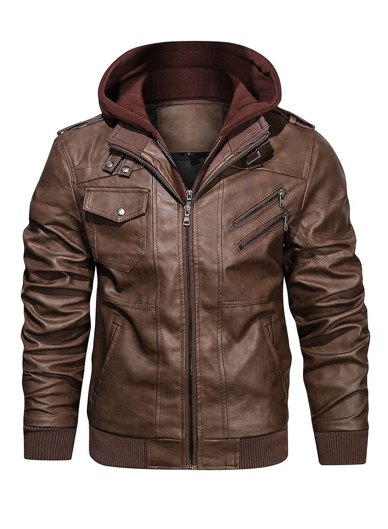 HOOD CREW HOOD CREW Men’s Casual Stand Collar PU Faux Leather Zip-Up Motorcycle Bomber Jacket With a Removable Hood - Image 1