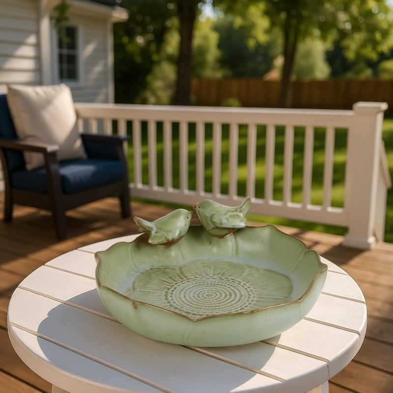 UANYEMON Ceramic Bird Bath Bowl with Perched Birds - Premium Outdoor Tabletop Birdbath Basin in Weather-Resistant Glaze - Usable on Ground, Deck or Tabletop - Image 5