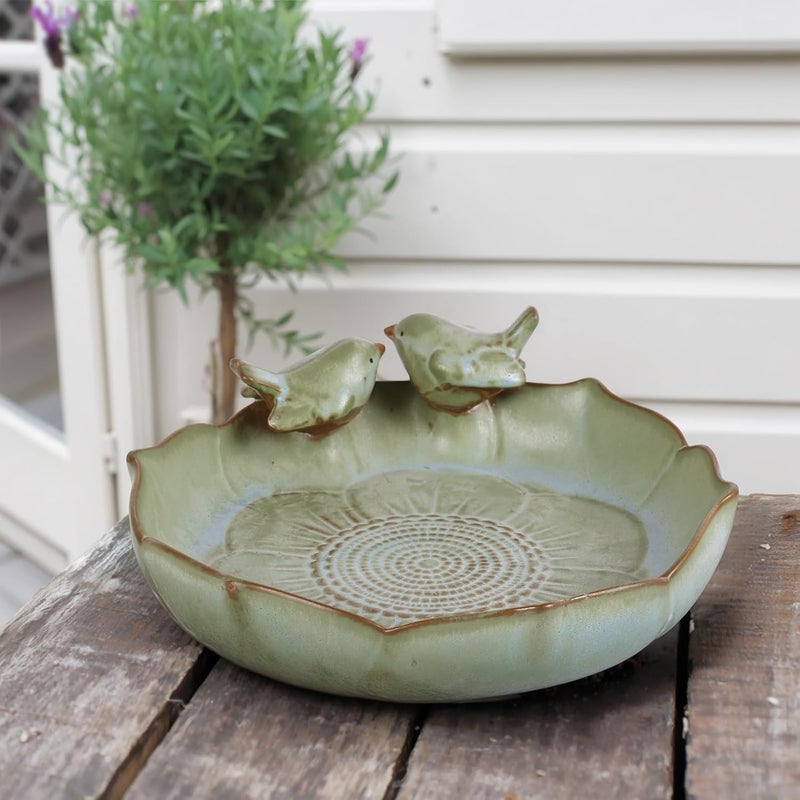 UANYEMON Ceramic Bird Bath Bowl with Perched Birds - Premium Outdoor Tabletop Birdbath Basin in Weather-Resistant Glaze - Usable on Ground, Deck or Tabletop - Image 3