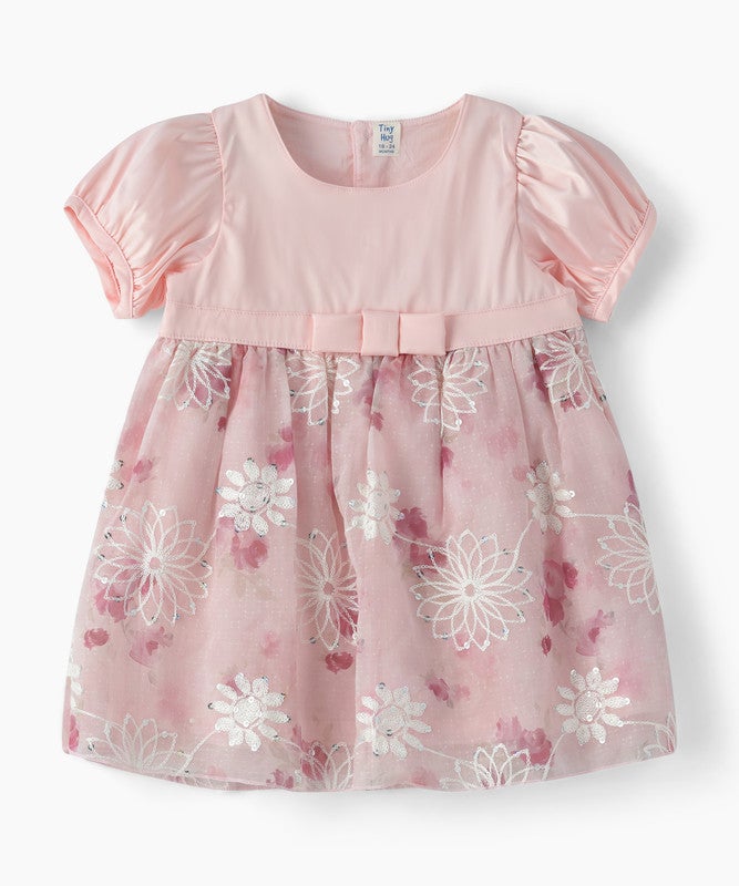 TINY HUG BABY GIRLS FLORAL EMBROIDERED PARTY DRESS WITH PUFF SLEEVES AND BOW DETAIL - Image 1