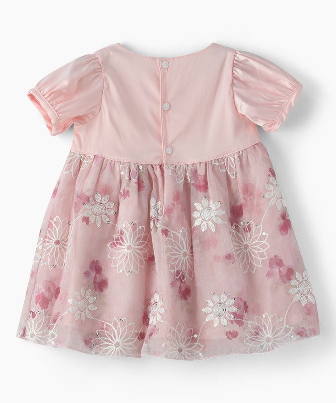 TINY HUG BABY GIRLS FLORAL EMBROIDERED PARTY DRESS WITH PUFF SLEEVES AND BOW DETAIL - Image 2