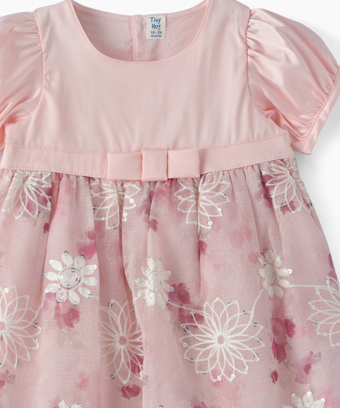 TINY HUG BABY GIRLS FLORAL EMBROIDERED PARTY DRESS WITH PUFF SLEEVES AND BOW DETAIL - Image 3