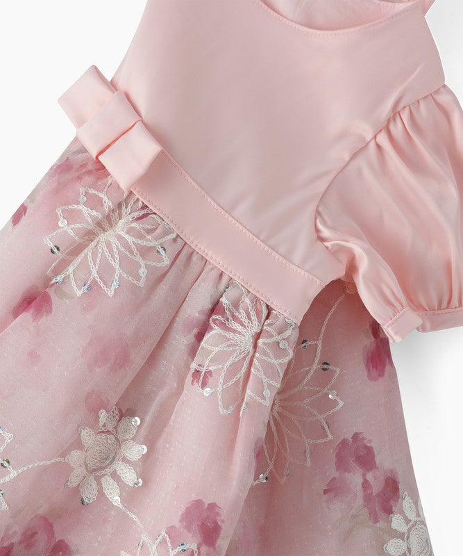 TINY HUG BABY GIRLS FLORAL EMBROIDERED PARTY DRESS WITH PUFF SLEEVES AND BOW DETAIL - Image 4