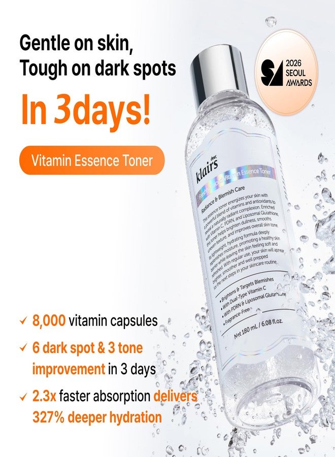 DearKlairs Dear, Klairs Freshly Juiced Vitamin Essence Toner 180ml | Brightening & Hydrating Face Toner | Korean Skincare for Dull & Sensitive Skin - Image 2
