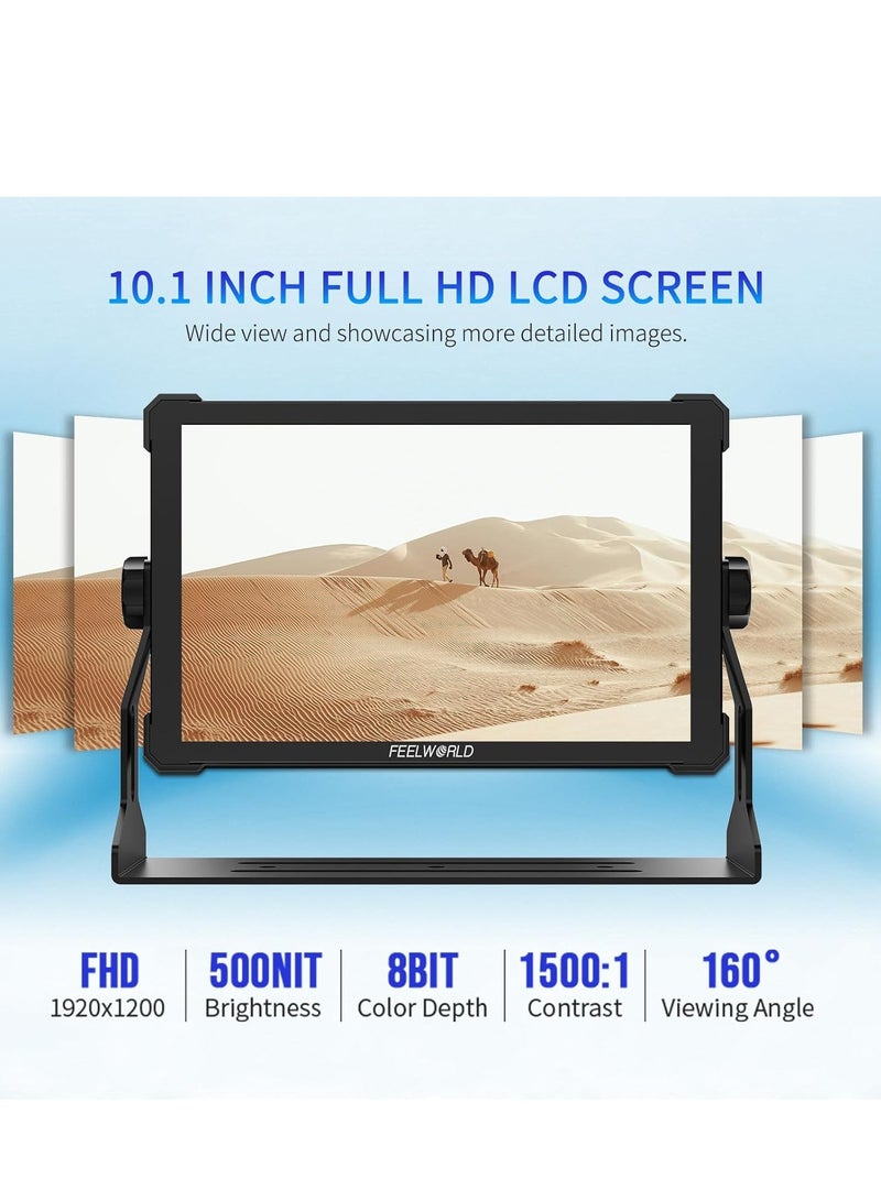 فيل وورلد شاشة مراقبة ميدانية للكاميرا FEELWORLD T10 مقاس 10.1 بوصة مع شاشة تعمل باللمس، تدعم منفذ HDMI بدقة 4K بتردد 60 هرتز، وجدول بحث ثلاثي الأبعاد، ودقة 1920 × 1080، ونطاق ديناميكي عالي، وشكل موجي، وتركيب خارجي NP-F970، وهيكل من سبائك الألومنيوم - Image 2