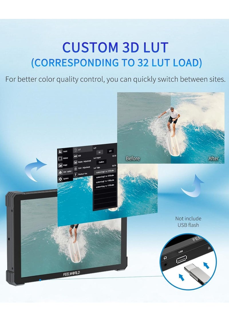 فيل وورلد شاشة مراقبة ميدانية للكاميرا FEELWORLD T10 مقاس 10.1 بوصة مع شاشة تعمل باللمس، تدعم منفذ HDMI بدقة 4K بتردد 60 هرتز، وجدول بحث ثلاثي الأبعاد، ودقة 1920 × 1080، ونطاق ديناميكي عالي، وشكل موجي، وتركيب خارجي NP-F970، وهيكل من سبائك الألومنيوم - Image 3