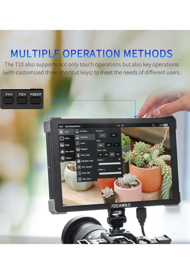 فيل وورلد شاشة مراقبة ميدانية للكاميرا FEELWORLD T10 مقاس 10.1 بوصة مع شاشة تعمل باللمس، تدعم منفذ HDMI بدقة 4K بتردد 60 هرتز، وجدول بحث ثلاثي الأبعاد، ودقة 1920 × 1080، ونطاق ديناميكي عالي، وشكل موجي، وتركيب خارجي NP-F970، وهيكل من سبائك الألومنيوم - Image 4