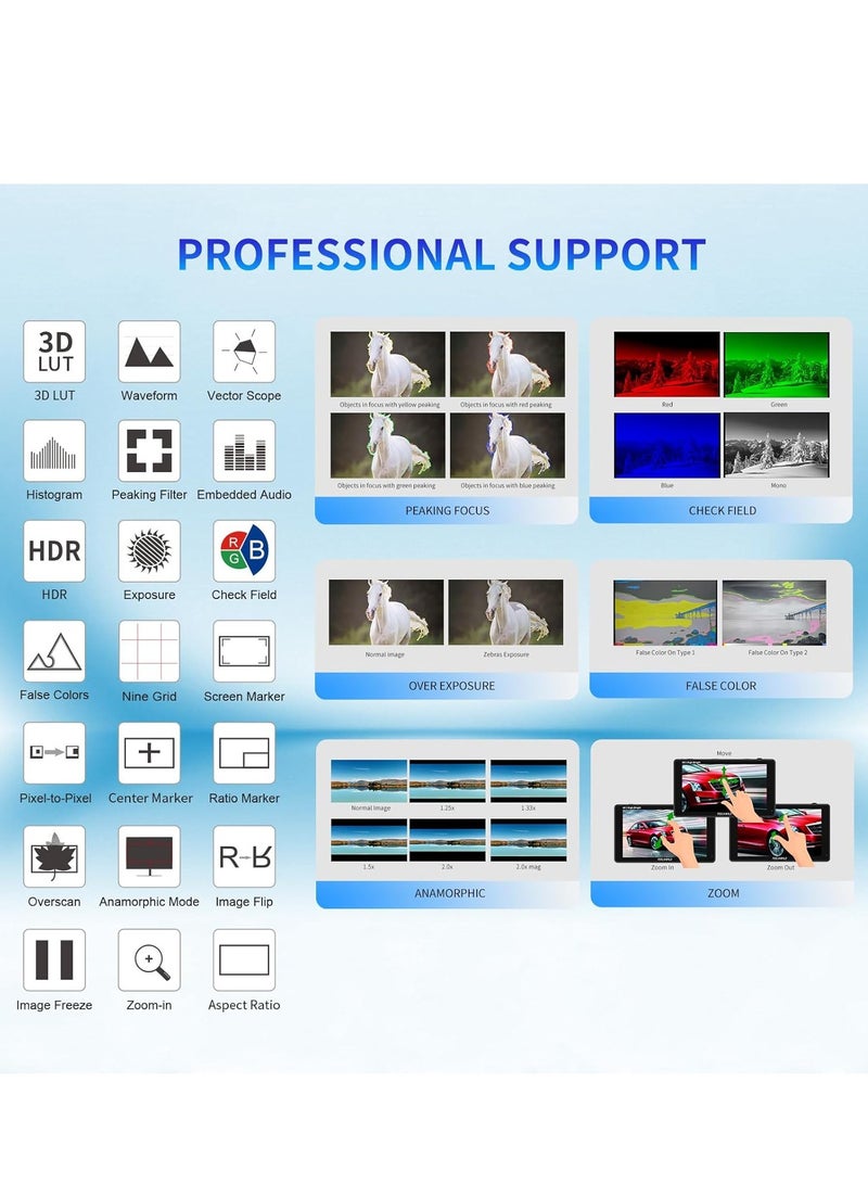 فيل وورلد شاشة مراقبة ميدانية للكاميرا FEELWORLD T10 مقاس 10.1 بوصة مع شاشة تعمل باللمس، تدعم منفذ HDMI بدقة 4K بتردد 60 هرتز، وجدول بحث ثلاثي الأبعاد، ودقة 1920 × 1080، ونطاق ديناميكي عالي، وشكل موجي، وتركيب خارجي NP-F970، وهيكل من سبائك الألومنيوم - Image 5