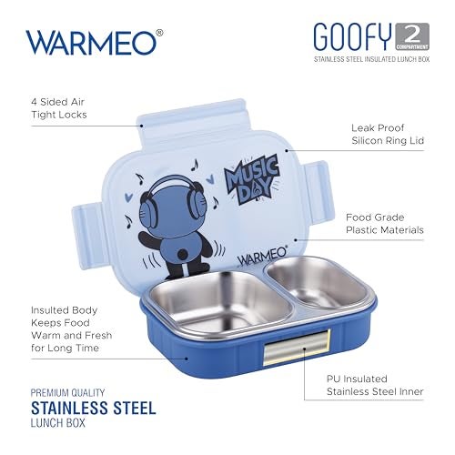 WARMEO Goofy Insulated Lunch Box with Two Compartment BPA Free, Kids Lunch Box,Food Grade Ideal for School, Picnic, Office & Outdoor - 500ml Blue, Stainless Steel - Image 2