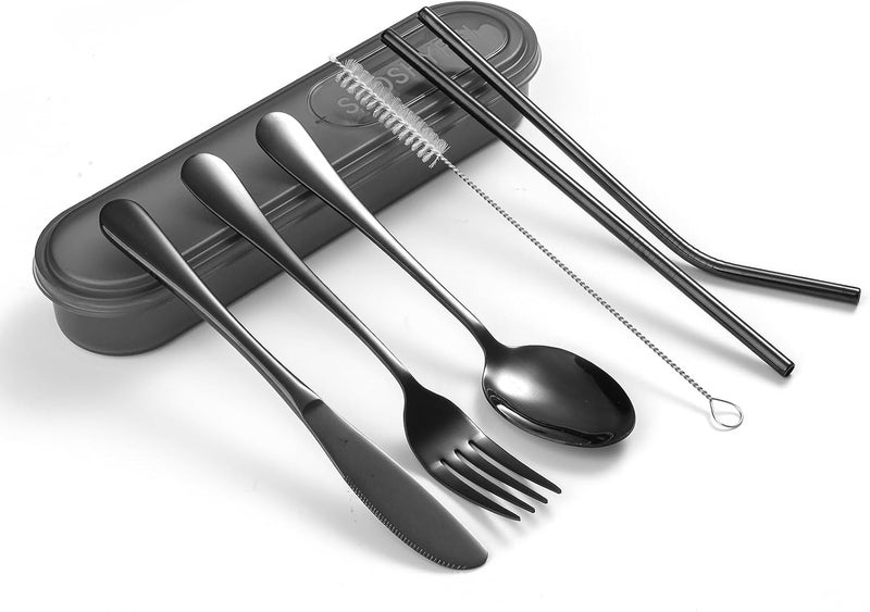 مجموعة أدوات محمولة مع حقيبة، مكونة من 4 قطع من الفولاذ المقاوم للصدأ يمكن إعادة استخدامها لتناول الغداء والتخييم والمدرسة والنزهات، تشمل الشوكة والملعقة والسكين، سهلة التنظيف ومناسبة للغسالة الأوتوماتيكية (اللون الرمادي). - Image 1