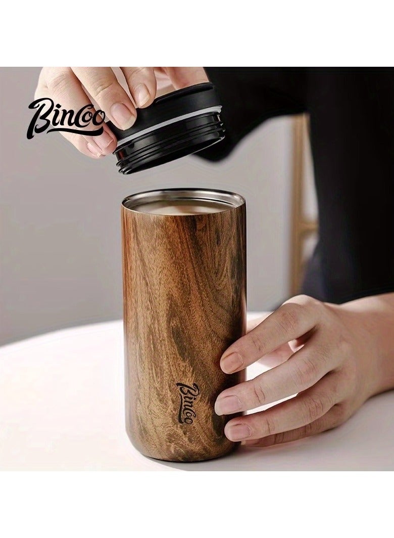 بينكو كوب قهوة Bincoo سعة 400 مل معزول ومفرغ من الهواء من الفولاذ المقاوم للصدأ - تصميم عتيق بخطوط خشبية، وغطاء مانع للتسرب، مع خاصية الاحتفاظ بالمشروبات الساخنة والباردة - كوب سفر محمول للقهوة والشاي والمشروبات الأخرى - Image 2