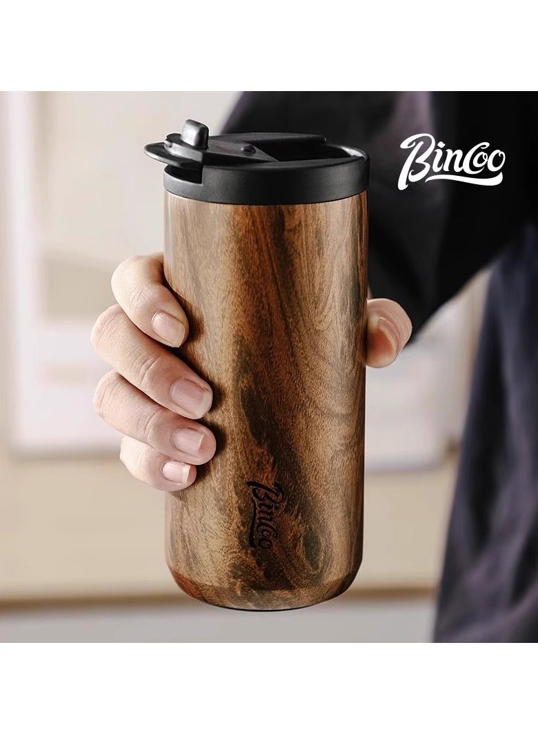 بينكو كوب قهوة Bincoo سعة 400 مل معزول ومفرغ من الهواء من الفولاذ المقاوم للصدأ - تصميم عتيق بخطوط خشبية، وغطاء مانع للتسرب، مع خاصية الاحتفاظ بالمشروبات الساخنة والباردة - كوب سفر محمول للقهوة والشاي والمشروبات الأخرى - Image 1